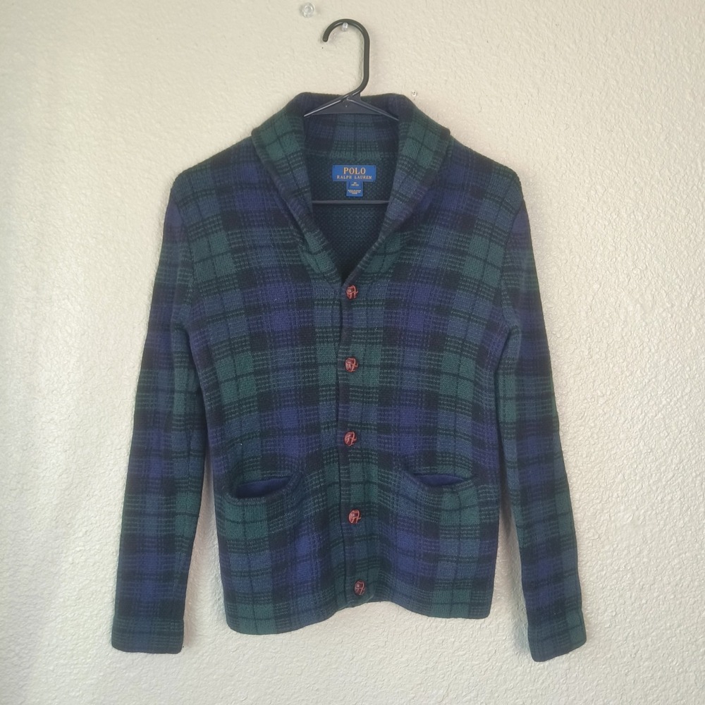 Polo Ralph Lauren Boys M 10-12 Merino Wool Cardigan Black Watch Plaid Shawl Neck